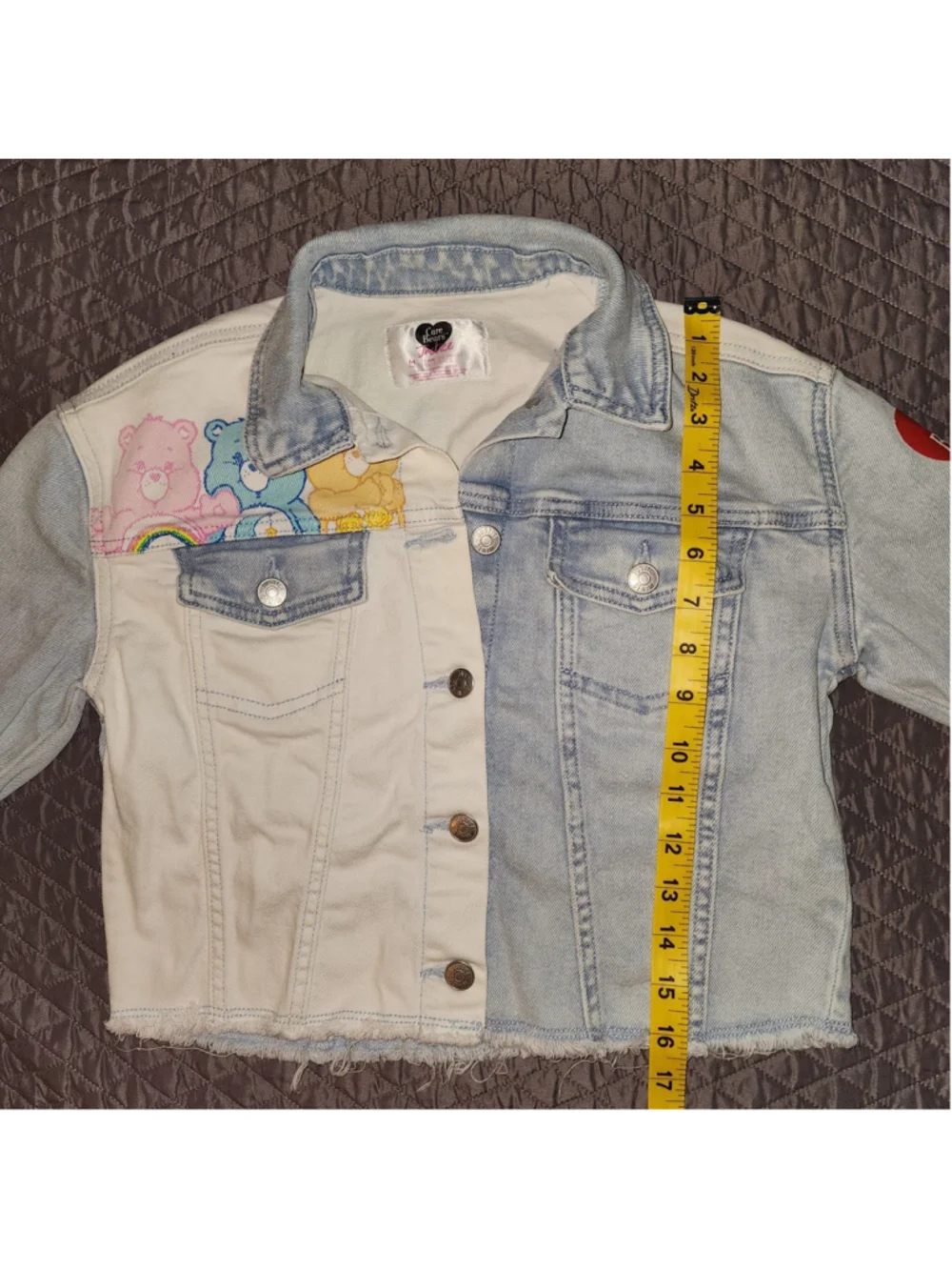 Care Bears Justice Denim Jacket Youth Size M 10 Split Color White Blue Patchwork